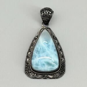 Vintage 925 Sterling Silver 1” Larimar Triangle Pendant Dominican Blue Gemstone
